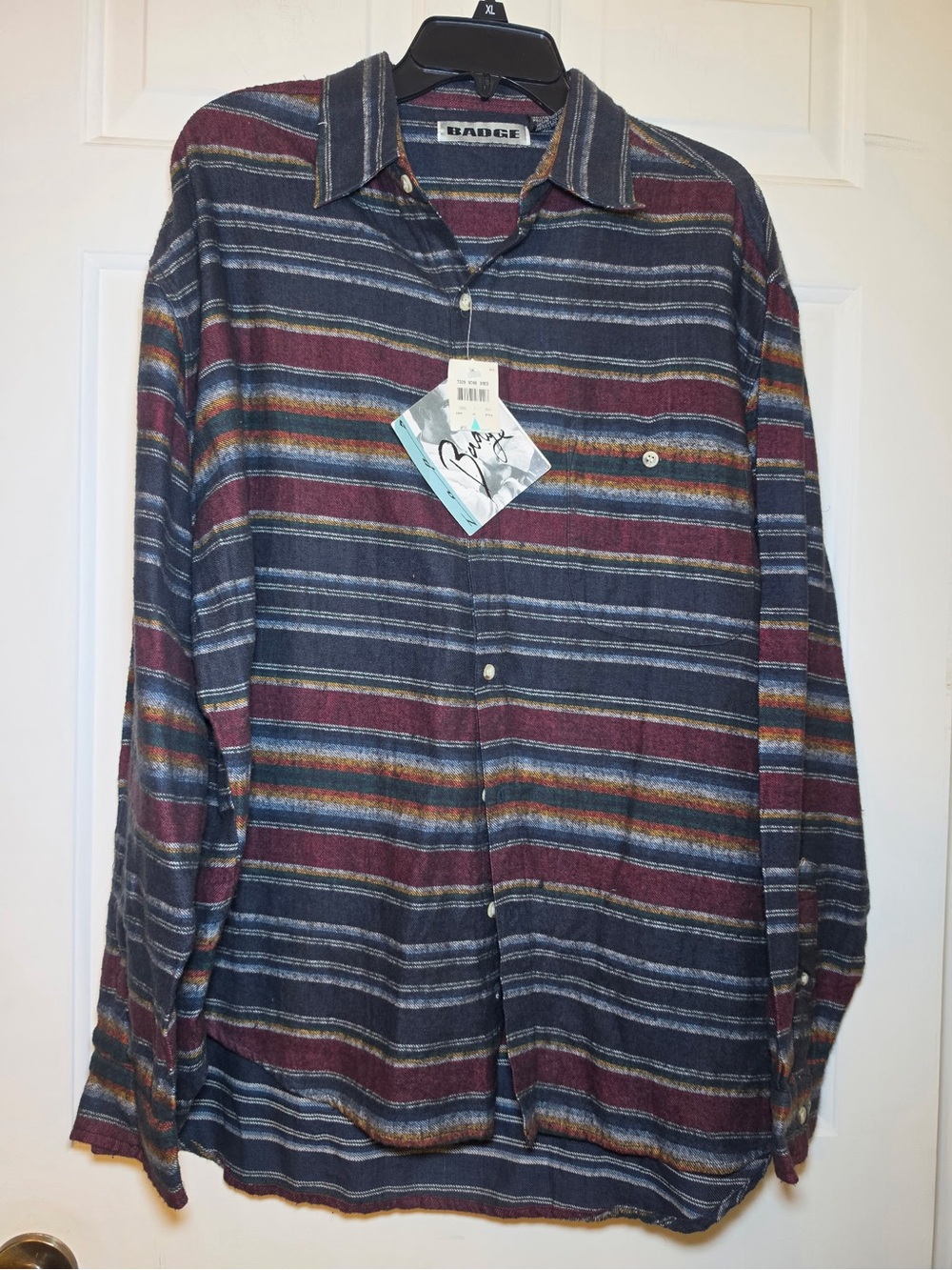 BADGE Men’s XL Blue/Burgundy Striped Flannel Cotton Button Up Shirt NWT